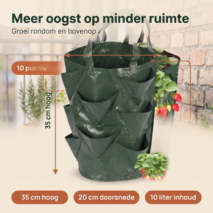 Cheqo® Kweekzakken Set van 3 - Plantenzakken - Aardbeienzak - Growbags - Groeizak - Plantzak - Hangende Plantenzak - Moestuinzak - voor Aardbeien - Tomaten - Kruiden en Groenten - voor Balkon en Terras - Verticaal Tuinieren - met Handvatten - Specs (oude v0)