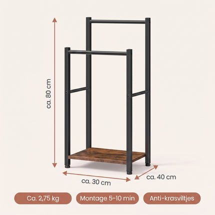 Cheqo® Handdoekenrek - Handdoekrek Staand - Handdoekhouder Vrijstaand - Badkamer en Keuken - Handdoekrek met Plank - 2 Stangen - Zonder Boren - Handdoekenhouder - Handdoekdroogrek Industrieel - Handdoekstandaard - Gastendoekhouder - Zwart - Specs