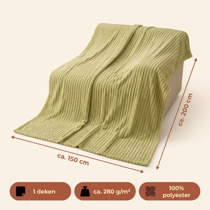 Cheqo® Fleece Deken - Plaid - Fleece Plaid met Ribstof - Woondeken - Knuffeldeken - Bankdeken - Plaid voor Bank - Grand Foulard - Sprei - Heerlijk Zacht en Warm - Groene Plaid - Deken voor Bed en voor Woonkamer - Fleece Blanket - Specs