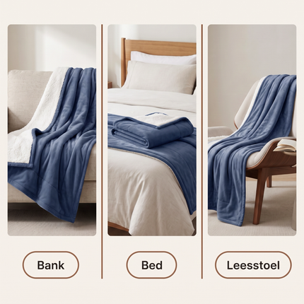 Cheqo® Sherpa Deken - Fleece Deken - Plaid - Woondeken - Bankdeken - Knuffeldeken - Sprei - Blauw - Dubbelzijdig - Extra Zacht en Warm - Pluizige Fleece Plaid voor Bank en Bed - voor Woonkamer - Winter - Tweepersoons - XXL Sofadeken - Veelzijdigheid
