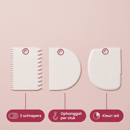 Cheqo® Deegschraper Set van 3 - Taartschraper voor Fondant en Glazuur - Deegkrabber - Deegsnijder - Spatel voor Taart en Cake - Taartkam voor Botercrème - Deegkaart - Cake Decoratieset - Garneergerei - Bakspullen - Wit - Specs - let op: icoon bij 3 schrapers toont ca. 4 plaatjes