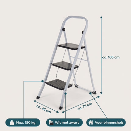 Cheqo® Huishoudtrap 3 Treden - Keukentrap Inklapbaar - Trapladder - Metalen Huishoudladder met Beugel - Keukentrapje - Opstapje - Vouwtrap - Huisladder - Trapje voor Thuis en Kantoor - Wit - Specs