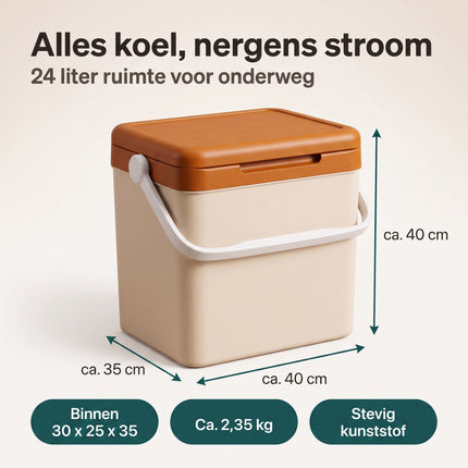 Cheqo® Koelbox Taupe - Passieve Koelbox - Draagbare Koelbox Zonder Stroom - Koelbox met Deksel en Draagbeugel - Koeltas voor Camping - Strand - Picknick - Auto - Boot en Festival - Thermobox - Koelkist voor Kamperen - Roadtrip en Onderweg - Specs