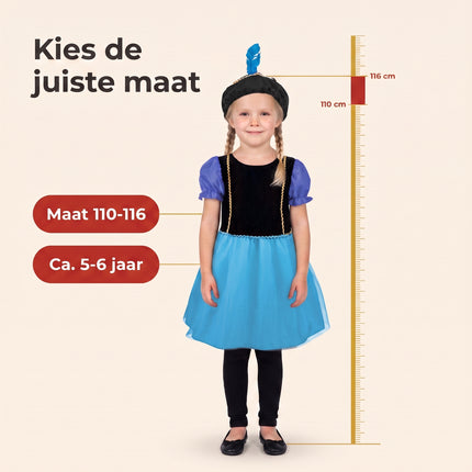 Cheqo® Pietenjurk Kind 110-116 - Paars Blauw - Sinterklaas Verkleedkleding - Pieten Kostuum voor Kinderen - Pietenpak voor Meisjes - Verkleden als Piet - Jurk met Pofmouwen en Pietenmuts - Pakjesavond en Intocht - ca. 5-6 Jaar - Specs