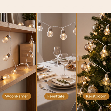 Cheqo® LED Lichtsnoer met 30 Lampjes Warm Wit - Feestverlichting - Lichtslinger - Sfeerverlichting - Party Lights - Batterijverlichting - LED Bolletjes - Tuinverlichting - Terrasverlichting - Tuinfeest - Kerstverlichting voor Binnen en Buiten - Specs
