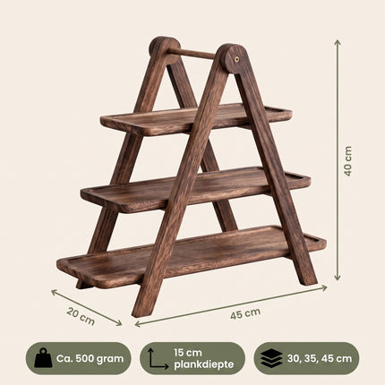 Cheqo® Etagere 3 Laags - Hout - Serveertoren - Serveerschaal - Serveerplank - Hapjesschaal - Fruitschaal - Serveerplateau - High Tea - Borrelplank - Tapasplank - Taartstandaard - Cupcake Standaard - Inklapbaar - Dienblad - Kaasplank - Specs