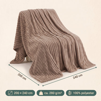 Cheqo® Fleece Deken - Plaid - Fleece Plaid met Ribstof - 2 Persoons Deken - Lits-Jumeaux Plaid - XL Deken - Bedsprei - Woondeken - Knuffeldeken - Bankdeken - Plaid voor Bank - Grand Foulard - Sprei - Taupe Plaid - Deken voor Bed - Fleece Blanket - Specs