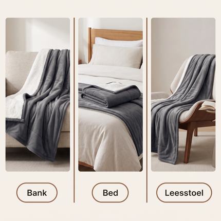 Cheqo® Sherpa Fleece Deken - Sherpa Deken - Fleece Deken - Plaid - Woondeken - Knuffeldeken - Bankdeken - Deken voor Bank en Bed - Donkergrijs - Grijs - Zacht en Warm - Pluizig - Dubbelzijdig - Flanel - Sprei - Bedsprei - Tweepersoons - XXL - Specs