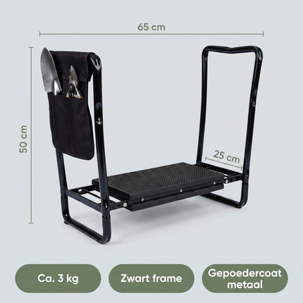 Cheqo® Kniebank - Tuinkruk - Kniebank voor Tuinieren - Tuinkrukje - Knielbank - Tuinknieler - Zitbankje - Kniebankje - Inklapbaar en Opvouwbaar met Kniekussen - Kniesteun - met Gereedschapstas - voor Senioren - Tuinbank - Kleur Zwart - Specs
