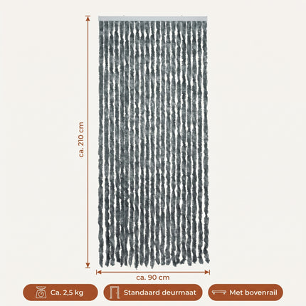 Cheqo® Vliegengordijn 90x210 cm Grijs Gemêleerd - Insectengordijn - Deurgordijn - Kattenstaart - Horgordijn - Hordeur - Pluche Strengen - Chenille - Muggengordijn - Vliegenhor - Anti Insecten - voor Deur, Tuindeur, Balkondeur, Caravan en Camper - Specs