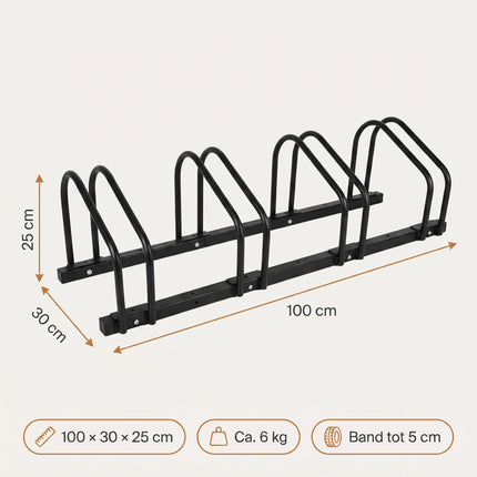 Cheqo® Fietsenrek voor 4 Fietsen - Fietsenstandaard - Fietsrek - Fietsenstalling - Fietsbeugel - Vloermontage en Muurmontage - voor Brede Banden - voor Binnen en Buiten - voor Garage - Schuur en Tuin - Fiets Standaard - Fietsen Rek - Zwart - Specs
