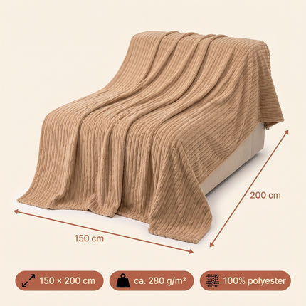 Cheqo® Fleece Deken - Plaid - Fleece Plaid met Ribstof - Woondeken - Knuffeldeken - Bankdeken - Plaid voor Bank - Grand Foulard - Sprei - Heerlijk Zacht en Warm - Camel Beige Plaid - Bruine Deken voor Bed en voor Woonkamer - Fleece Blanket - Specs