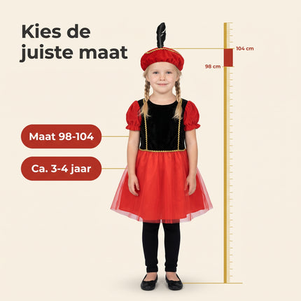 Cheqo® Pietenjurk Kind 98-104 - Zwart Rood - Sinterklaas Verkleedkleding - Pieten Kostuum voor Kinderen - Pietenpak voor Meisjes - Verkleden als Piet - Jurk met Pofmouwen en Pietenmuts - Pakjesavond en Intocht - ca. 3-4 Jaar - Specs