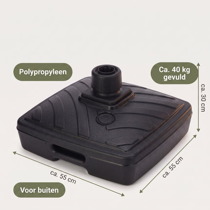 Cheqo® Parasolvoet - Parasolstandaard Vulbaar met Water of Zand - Vierkant - Kunststof - voor Stokparasol - voor Tuin - voor Terras - voor Balkon - Parasol Voet - Parasolhouder - met Draaiknop - met Handgrepen - Parasolstander - Specs