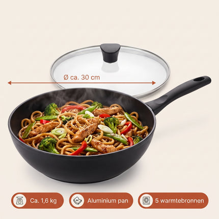 Cheqo® Wokpan met Glazen Deksel - Wok - Wokpan Inductie - Wokpan met Anti-aanbaklaag - Wadjan - Wokpan Zwart - Wokpan voor Alle Warmtebronnen - Wokpan voor Gasfornuis en Keramische Kookplaat - Roerbakpan - Hapjespan - Wokpan Antikleeflaag - Specs