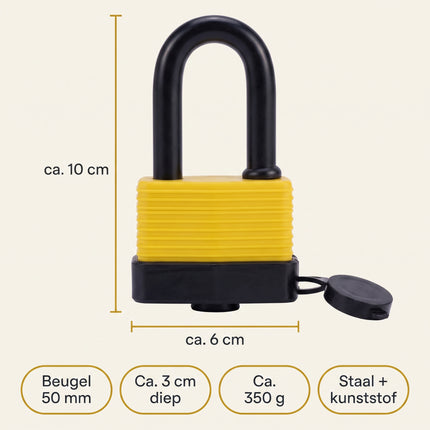Cheqo® Hangslot met Sleutel - Weerbestendig Hangslot - Waterdicht Veiligheidsslot - Beugelslot met Lange Beugel - Hangsloten voor Buiten - Slot voor Schuur - Tuinpoort - Hek - Kluisje en Gereedschapskist - Zwart/Geel - Padlock - Hangslotje - Specs (oude v0)