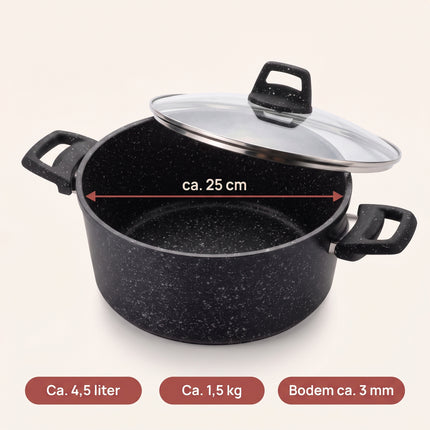Cheqo® Braadpan met Deksel - Kookpan - Stoofpan - Soeppan - Braadpan Inductie - Hapjespan - Stoofpot - Pan met Glazen Deksel - Braadpan Antiaanbaklaag - Braadpan Granietcoating - Braadpan Zwart - Braadpan voor Alle Warmtebronnen - Stamppotpan - Specs
