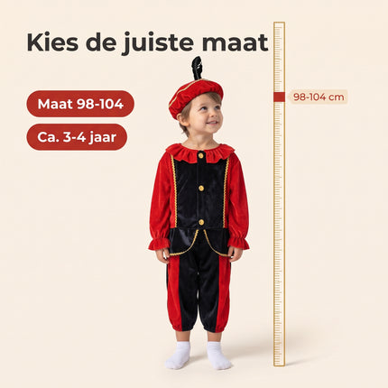 Cheqo® Pietenpak Kind 98-104 - Zwart Rood - Sinterklaas Verkleedkleding - Pieten Kostuum voor Kinderen - Pietenpak voor Jongens en Meisjes - Verkleden als Piet - Jasje en Pofbroek met Pietenmuts - Pakjesavond en Intocht - ca. 3-4 Jaar - Maatvoering