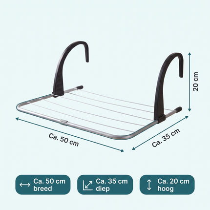 Cheqo® Droogrek Hangend - Radiator Droogrek met 3 m Waslijn en Drooglijn - Hangdroogrek voor Balkon Verwarming en Badkamer - Inklapbaar Metalen Wasrek - Wasdroger Rek voor Kleding en Handdoeken - Ruimtebesparend - Zilver - Specs