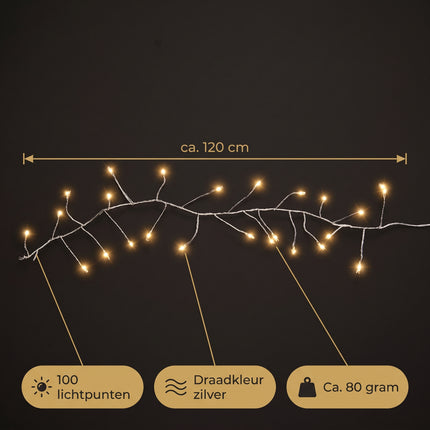Cheqo® Kerstlampjes 100 LED - 1,2 Meter - Warm Wit - Kerstverlichting - Clusterverlichting met Zilverdraad - Draadverlichting - Micro LED - Lichtsnoer op USB - Sfeerverlichting - Feestverlichting - Specs - let op: toont circa 40 lampjes op 120 cm, spec is 100 LED