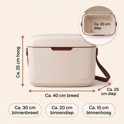 Cheqo® Koelbox 12 Liter - Kleine Koelbox met Schouderband - Draagbare Koelbox zonder Stroom - Passieve Koelbox en Koelkist voor Camping - Koelbox voor Strand en Picknick - Koelbox voor Festival en Auto - Frigobox - Retro Koelbox Taupe - Specs