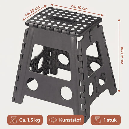 Cheqo® Opvouwbaar Krukje - Inklapbaar Krukje - Opstapkruk - Opstapje - Vouwkruk - Keukentrapje - Campingkruk voor Caravan en Camper - Badkamerkruk - Huishoudkrukje - Zwart - Antislip Kunststof Kruk met Handgreep - Opstapkrukje - Trapkrukje - Specs