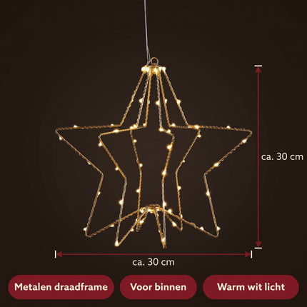 Cheqo® LED Kerstster met Kerstlampjes - Gouden Kerstster met Verlichting - Verlichte 3D Ster Hangend op Batterijen - Kerstverlichting voor Binnen - Kerstdecoratie - Sfeerverlichting - Raamdecoratie - Warm Wit Licht - Kerstfiguur - Specs