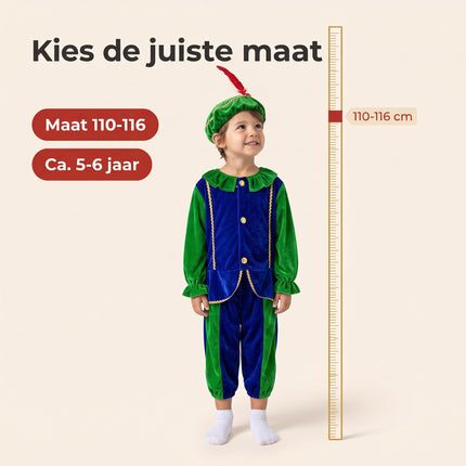 Cheqo® Pietenpak Kind 110-116 - Groen Blauw - Sinterklaas Verkleedkleding - Pieten Kostuum voor Kinderen - Pietenpak voor Jongens en Meisjes - Verkleden als Piet - Jasje en Pofbroek met Pietenmuts - Pakjesavond en Intocht - ca. 5-6 Jaar - Maatvoering