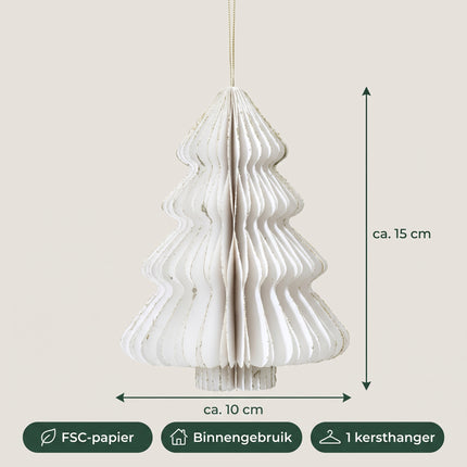 Cheqo® Papieren Kerstboom - Kersthanger met Glitter - Honeycomb Kerstdecoratie - Kerstornament - Kerstboomversiering - Witte Kerstversiering voor Binnen - Hangdecoratie met Ophangkoord - Specs