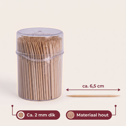 Cheqo® Cocktailprikkers 500 Stuks - Houten Tandenstokers - Dubbelzijdig - Tandenstokers in Koker met Deksel - Hapjesprikkers - Tapas Prikkers - Borrelprikkers - Cocktailprikkers voor Kerst en Nieuwjaarsborrel - Toothpicks - Specs