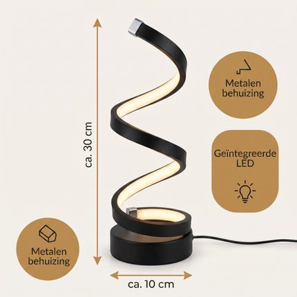Cheqo® LED Tafellamp - Spiraal Tafellamp - Modern Spiraal Design - Dimbaar - Touch Bediening - Bureaulamp - Sfeerlamp - Nachtlamp - Bedlampje voor Slaapkamer en Woonkamer - Decoratieve Verlichting voor Nachtkastje - Zwart - USB - Specs
