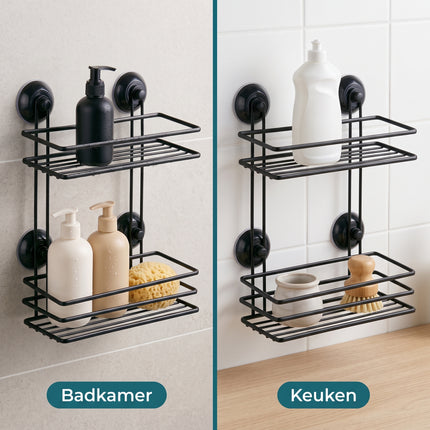 Cheqo® Badkamerrek 2 Laags - Doucherek - Doucherekje - Zonder Boren - met Zuignap - Zelfklevend - Hangend - Opbergrek - Badrek - Douchemandje - Wandrek - Badkamer Organizer - voor Shampoo - voor Douche - Keukenrek - Zwart - Veelzijdigheid