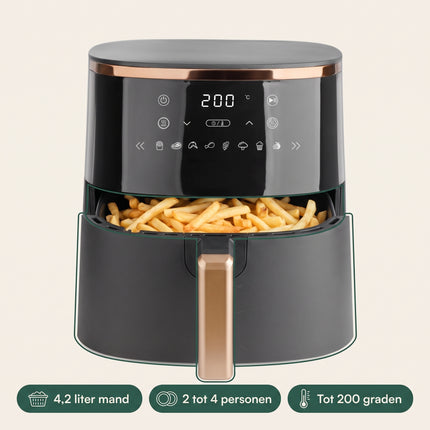 Cheqo® Airfryer - Hetelucht Friteuse - Heteluchtfriteuse - Friteuse zonder Olie - Luchtfriteuse met Digitaal Display en Touchscreen - 8 Automatische Programma's - Timer - Airfryer XL Zwart Goud - Frituurpan - Gezond Frituren voor het Hele Gezin - Specs