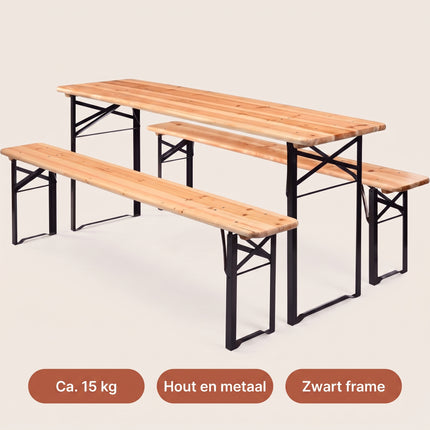 Cheqo® Biertafelset 3-Delig - Picknickset - Picknicktafel met Banken - Biertafel met 2 Banken - Bierbank Set - Campingtafel met Banken - Campingset - Klaptafel met Banken - Inklapbaar - Opvouwbaar - Houten Tuintafel - Tuinset - Vouwtafel - Specs