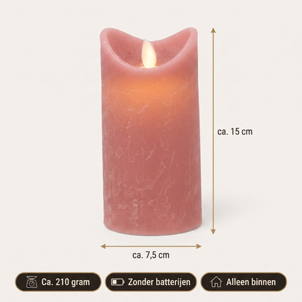 Cheqo® LED Kaars Roze 15 cm - Stompkaars met Bewegende Vlam - Vlamloze Nepkaars van Wax - Elektrische Sfeerkaars op Batterijen - Flikkerende Dansvlam - Realistische Sfeerverlichting voor Binnen - Tafeldecoratie voor Woonkamer en Slaapkamer - Specs