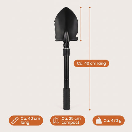 Cheqo® Vouwschep met Draagtas - Opvouwbare Schep - Pioniersschep - Klapschep - Veldschep - Legerschep - Survival Schep - Campingschep met Houweel - Pikhouweel - Multifunctionele Schep - Klapspade - Schop met Zaag - Tuinschep voor Camping en Auto - Specs