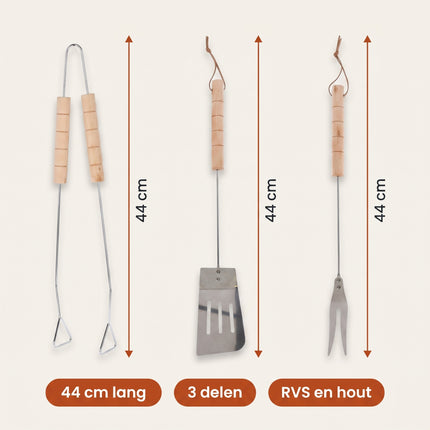 Cheqo® BBQ Gereedschapset 3-Delig - Barbecue Gereedschap met Houten Handvat - Barbecue Set - BBQ Bestek - Grillbestek - Barbecuetang - Grillspatel - Vleesvork - Barbecue Accessoires - Grill Set voor Buiten - Barbecuegerei - BBQ - Specs
