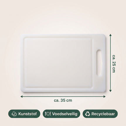 Cheqo® Snijplank - Kunststof Snijplank Wit met Handvat en Lekrand - Sapgroef - Plastic Snijplank - Keukenplank - Snijplank voor Vlees - Groente - Fruit en Vis - Broodplank - Serveerplank - Borrelplank - Tapasplank - Kaasplank - Grote Snijplank - Specs