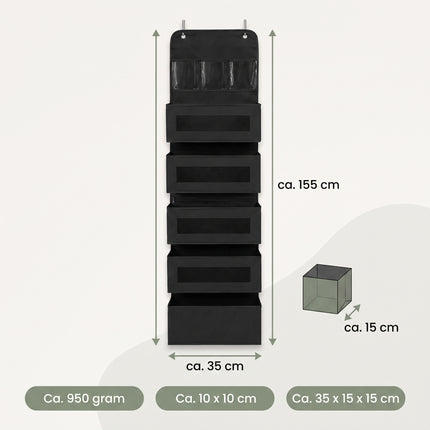 Cheqo® Deur Organizer met 5 Vakken - Hangende Opberger - Opbergzak voor Deur - Deurhanger Opberger - Hangorganizer - Deurrek - Opbergrek Hangend - Kast Organizer - Wandorganizer - Opbergtas voor Kledingkast - Slaapkamer - Kinderkamer - Zwart - Specs