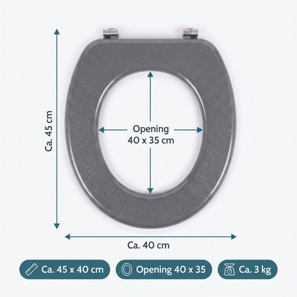 Cheqo® Toiletbril - WC Bril - Toiletzitting - Closetbril - Toiletdeksel - Glitter Toiletbril - Zilveren WC Bril - Grijze WC Bril - Toiletbril MDF - Houten Toiletbril - Universele Toiletbril - Ovale Toiletbril met Deksel - RVS Scharnieren - Specs