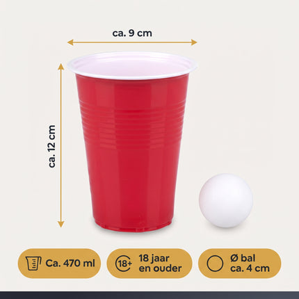 Cheqo® Beer Pong Set van 48 - Beerpong - Bierpong - Bier Pong - Drankspel - Drankspellen - Drinkspel - Red Cups - Party Cups - American Cups - Beerpong Bekers - Herbruikbare Bekers - Balletjes - Pingpong Ballen - Partyspel voor Volwassenen - Specs