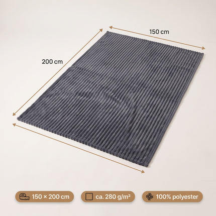 Cheqo® Fleece Deken - Plaid - Fleece Plaid met Ribstof - Woondeken - Knuffeldeken - Bankdeken - Plaid voor Bank - Grand Foulard - Sprei - Heerlijk Zacht en Warm - Antraciet Plaid - Grijze Plaid - Deken voor Bed en voor Woonkamer - Fleece Blanket - Specs