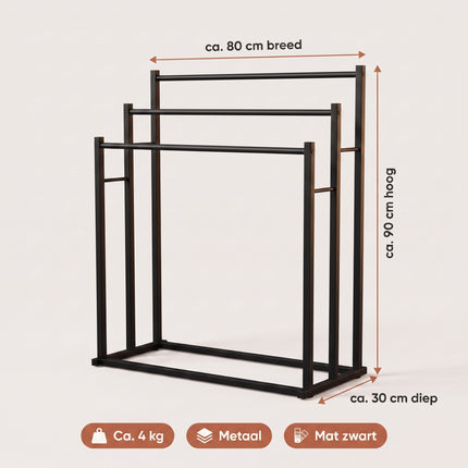 Cheqo® Handdoekrek - Handdoekenrek - Handdoekhouder Staand - Vrijstaand Handdoekrek voor Badkamer - Handdoekstang met 3 Stangen - zonder Boren - Handdoekhanger - Handdoekdroogrek - Extra Breed - voor Keuken - Badkameraccessoires - Mat Zwart - Specs
