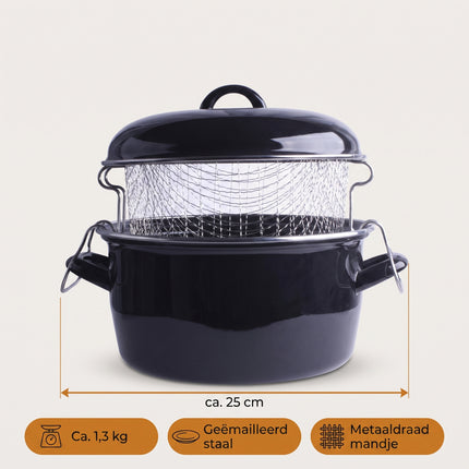 Cheqo® Frituurpan Emaille met Mandje - Friteuse met Inzet en Deksel - Frietpan - Oliebollenpan - Oliepan - Frituurmand - Geschikt voor Inductie en Gasfornuis - Frituren op het Fornuis - voor Friet en Snacks - voor Oud en Nieuw - Zwart - Specs