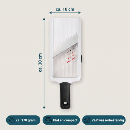 Cheqo® Mandoline - Groentesnijder - Handmandoline met Veiligheidshouder - Groenteschaaf - Keukenmandoline - Komkommerschaaf - Keukensnijder - Aardappelschaaf - Uiensnijder - Fruitsnijder - Snijhulp voor Groente en Fruit - Wit/Zwart - Specs