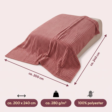 Cheqo® Fleece Deken - Plaid - Fleece Plaid met Ribstof - XXL Deken - 2 Persoons Deken - Lits-Jumeaux Plaid - Woondeken - Knuffeldeken - Bankdeken - Grand Foulard - Bedsprei - Sprei - Roze Plaid - Deken voor Bed en Woonkamer - Fleece Blanket - Specs