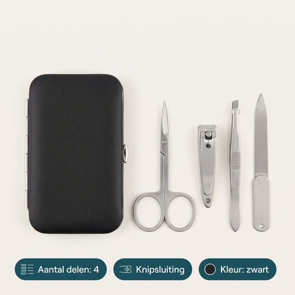 Cheqo® Manicureset 4-Delig in Etui Zwart - Nagelknipper - Pincet - Nagelvijl - Nagelschaar - Nagelset - Nagelverzorging - Pedicureset - Manicure Reisset - voor Dames en Heren - Cadeauset - Nageletui - Handverzorging - Specs