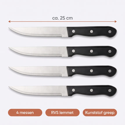 Cheqo® Steakmessen Set van 4 - Steakmes - Messenset met Gekarteld Lemmet - Kartelmessen - Tafelmessen - Vleesmessen - Vleesmes - BBQ Messen - Barbecue Messen - Steakmessenset - Scherpe Messen - Vaatwasserbestendig - Pizzames - Roestvrij Staal - Specs
