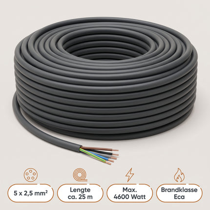 Cheqo® Buitenkabel 5 X 2.5 mm² 25 m - XMVK Kabel - Installatiekabel Buitengebruik - Krachtstroomkabel - Stroomkabel voor Buiten - Tuinkabel - Elektriciteitskabel - Bovengrondse Kabel voor Tuinverlichting en Buitenstopcontact - Grijs - Specs