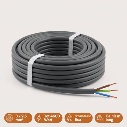 Cheqo® Buitenkabel 3 X 2.5 mm² 10 m - XMVK Kabel - Installatiekabel voor Binnen en Buiten - Elektrakabel voor Bovengronds Gebruik - Kabel voor Tuinverlichting en Buitenlamp of Buitenstopcontact - Tuinkabel - Grijs - Stroomkabel - Specs